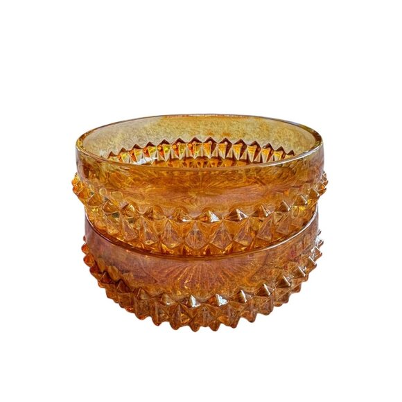 Pair Of Vintage MCM Marigold (Carnival) Glass Geometric Diamond Pattern Bowls - Picture 7 of 8